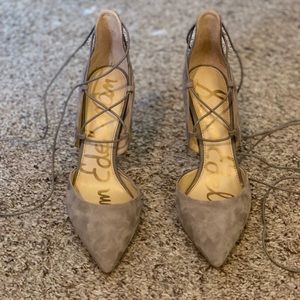 Taupe suede lace up heels